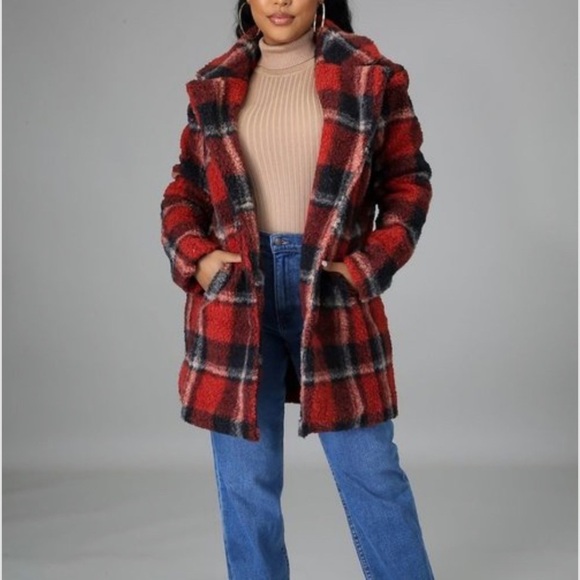 WOMEN’S RED COLLAR PLAID FLANNEL PLUSH TEDDY COAT - Picture 8 of 12
